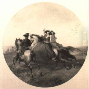 Figures On Horseback Galloping In An Extensive Landscape by James William Glass