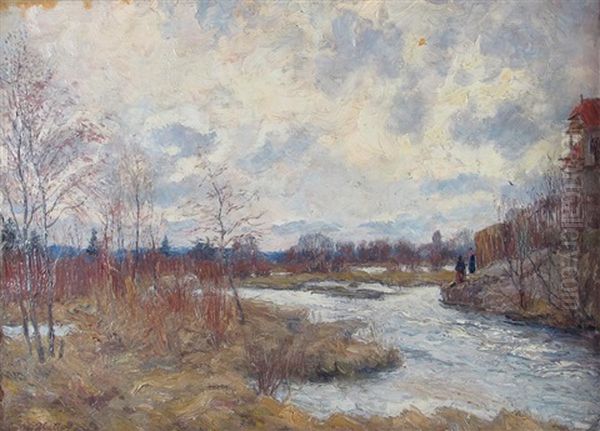 Fruhlingslandschaft Mit Bachlauf, Architekturstaffage Und Figuren - view 1