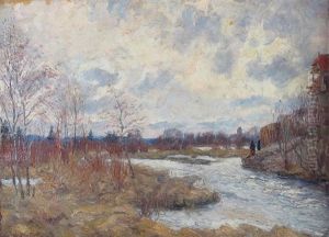 Fruhlingslandschaft Mit Bachlauf, Architekturstaffage Und Figuren by Adolf Glatte