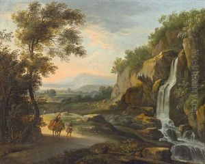 Arkadische Landschaft Mit Katarakt Und Figurenstaffage