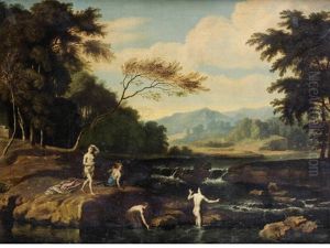 Figures Bathing In A River, A Mountainous Landscape Beyond by Johannes (Jan) Glauber