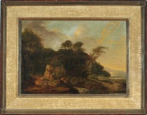 Flusslandschaft Mit Staffagefiguren Auf Dem Weg by Johannes (Jan) Glauber