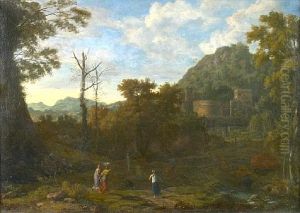 Figures By A River In An Italianate Landscape (+ Figures Resting In A Landscape With A Village Beyond; Pair) by Johannes (Jan) Glauber
