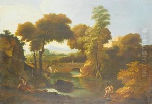 Figures Bathing In A River Before An Italianate Landscape, With A Bridge In The Distance by Johannes (Jan) Glauber
