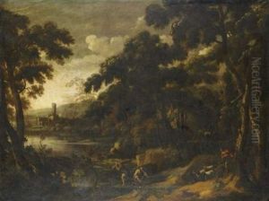 Paysage De Riviere Anime De Berger Et De Ramasseurs De Fagots by Johannes (Jan) Glauber