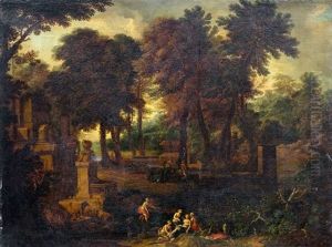 Idyllische Landschaft Mit Badenden Nymphen Zwischen Antiken Ruinen