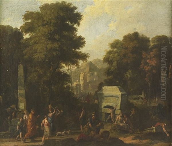 Italianate Landscape With Figures By An Obelisk And Tomb - view 1