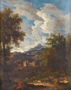 A Classical Landscape With A Goatherd And Travellers On A Track, A Monastery Beyond