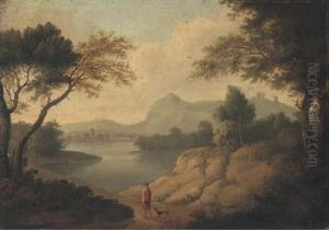 A Wooded River Landscape With A Classical Figure And A Dog On A Track