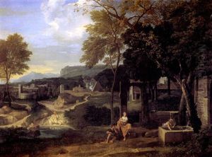 Paysage Classique Anime De Personnages Pres D'une Fontaine