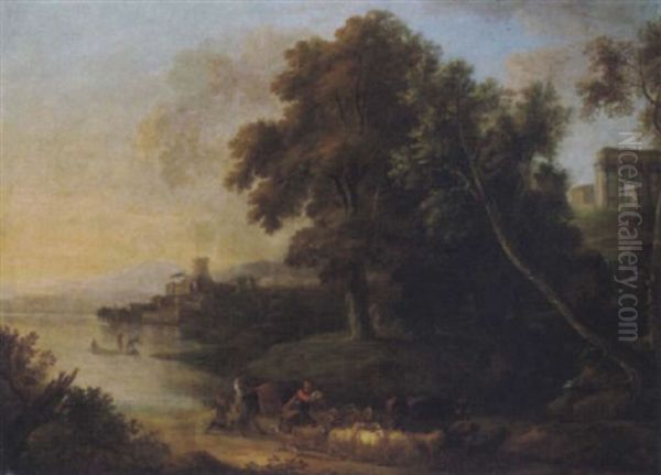 Bewaldete, Sudliche Landschaft Mit Palastartigen Gebauden Und Hirten An Einem See - view 1