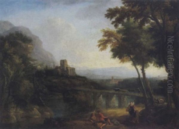 Bewaldete, Sudliche Fluslandschaft Mit Einer Steineren Brucke, Ruinen Und Figuren - view 1
