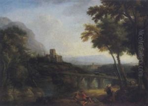 Bewaldete, Sudliche Fluslandschaft Mit Einer Steineren Brucke, Ruinen Und Figuren by Johannes (Jan) Glauber