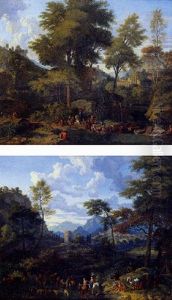 Paysage Boise Et Accidente Avec Cavalier Et Villageois Chargeant Une Barque Paysage Boise Et Accidente Avec Cavalier Et Villageois Chargeant Une Barque