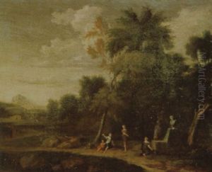 An Italianate Landscape With Figures At An Altar, A Mountain Road Beyond