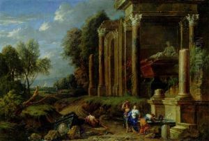 A Capriccio Of Classical Ruins In A Wooded Landscape, With Women By A Fountain By A Tomb And A Shepherd Resting On A Plinth by Johannes (Jan) Glauber