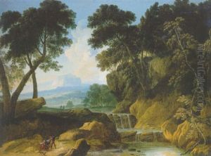 A Traveller Conversing With A Gypsy Woman On A Road By A Waterfall