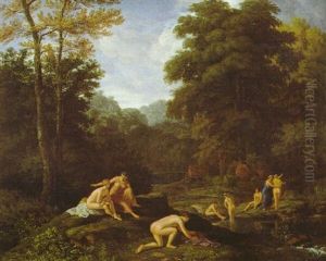 Waldlichtung Mit Einem Bach Und Badenden Nymphen by Johannes (Jan) Glauber