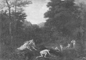 Waldlandschaft Mit Badenden Nymphen (diana Entdeckt Die Schwangerschaft Der Callisto?) by Johannes (Jan) Glauber