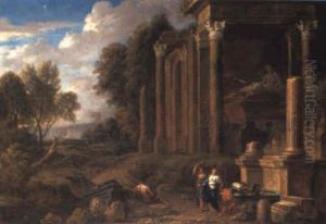 Classical Ruins In A Wooded Landscape With Washerwomen At A Fountain by Johannes (Jan) Glauber