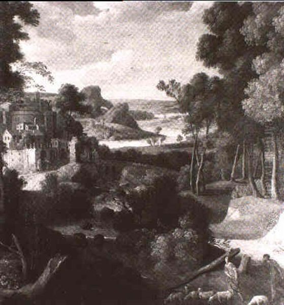 Italienische Fluslandschaft Mit Hirten Und Schafen Vorn Am Wasser - view 1