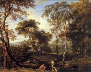 Classical Wooded Landscape With Diana And Her Nymphs At Rest by Johannes (Jan) Glauber