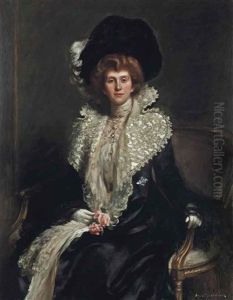 Portrait Of Mrs Haslam, Seated Three-quarter-length, In A White Dress And Pearl Necklace by Hugh de Twenebrokes Glazebrook