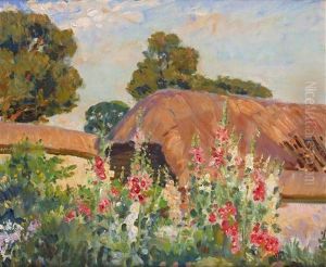 The Artist's Garden With Hollyhocks At Stratford Tony by Wilfred Gabriel De Glehn