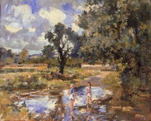 Children By A Stream, Stratford Tony, Wiltshire by Wilfred Gabriel De Glehn