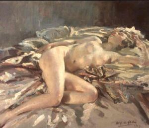 A Nude Female Figure Reclining On A Draped Couch by Wilfred Gabriel De Glehn