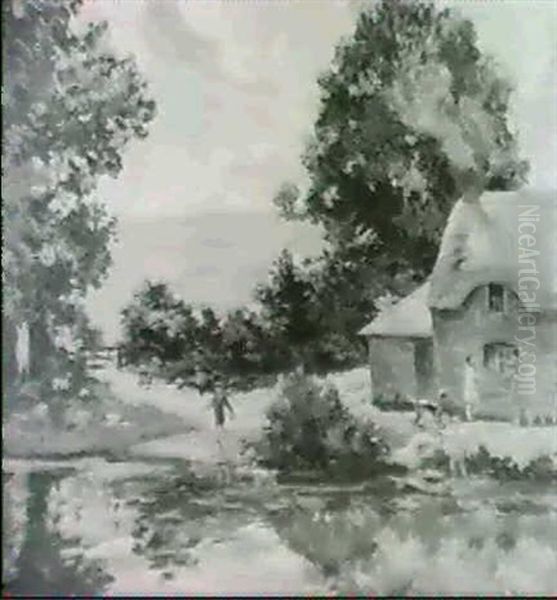 Cottage In A Sunlit Landscape With Figures Playing Beside A River - view 1