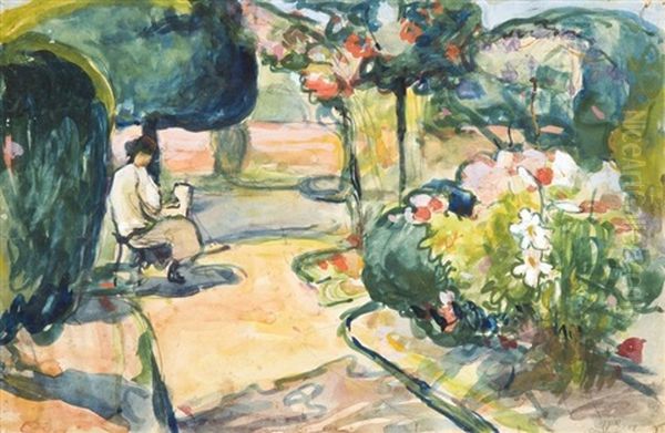 Femme Assise Lisant Dans Un Jardin - view 1