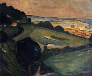 Hugelige Landschaft Mit Feldern Und Baumen Hugelige Landschaft Mit Feldern Und Baumen