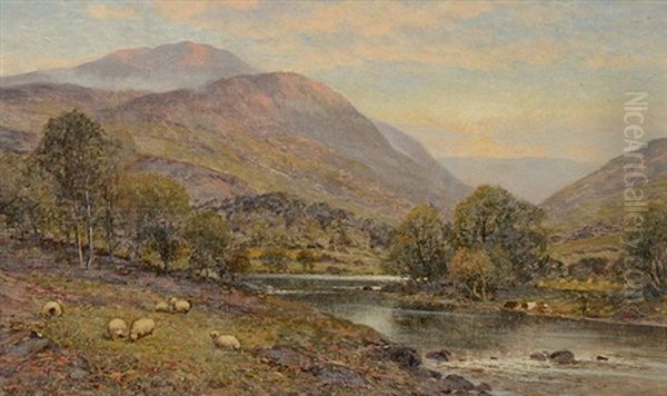 A Mountainous River Landscape With Sheep - view 1