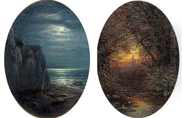 A Fishing Boat In A Cove By Moonlight (+ A River Landscape At Sunset; Pair) - view 1
