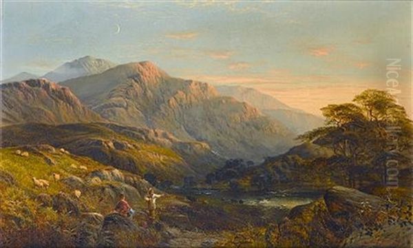 Figures In A Highland Landscape At Sunset - view 1