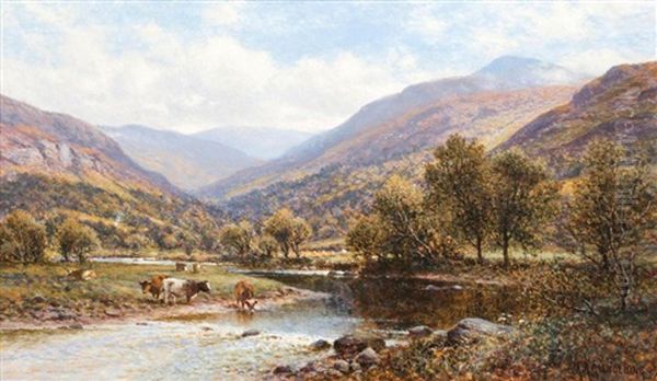 Cattle Watering In A Highland River Landscapeoil On Canvas, Signed And Dated 09, 30.8x51cm<br/>condition Report: In A Gilded Composition Restoration Style Frame, Late 20th Centurythe Canvas Has Not Been Relinedthe Wooden Stretcher Is The Originalthe Paint - view 1
