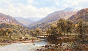 Cattle Watering In A Highland River Landscapeoil On Canvas, Signed And Dated 09, 30.8x51cm<br/>condition Report: In A Gilded Composition Restoration Style Frame, Late 20th Centurythe Canvas Has Not Been Relinedthe Wooden Stretcher Is The Originalthe Paint by Alfred Augustus Glendening Sr.