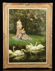 Women Feeding Swans by Alfred Augustus Glendening Sr.