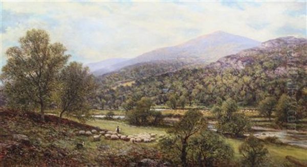Shepherd And Flock In A Valley - view 1