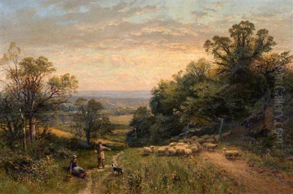 Figure Droving Sheep In An Extensive Summer Landscape At Dusk - view 1