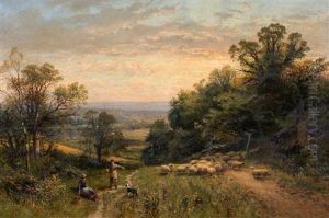 Figure Droving Sheep In An Extensive Summer Landscape At Dusk by Alfred Augustus Glendening Sr.