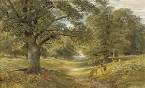 Deer In A Wooded Landscape by Alfred Augustus Glendening Sr.