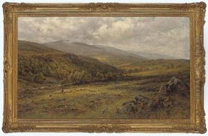 A Shepherd And His Flock On A Hillside In A River Valley by Alfred Augustus Glendening Sr.