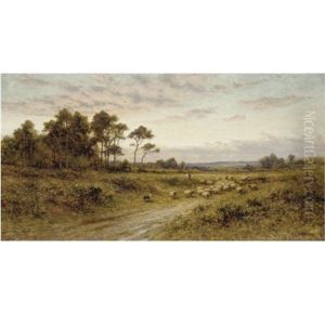 Shepherd With His Flock At Sunset by Alfred Augustus Glendening Sr.
