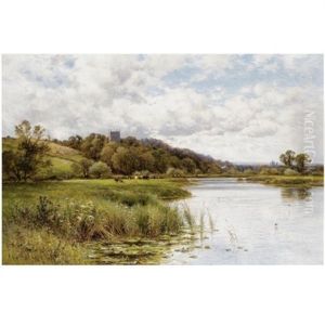 Cattle Grazing In A River Landscape With A Church Beyond by Alfred Augustus Glendening Sr.