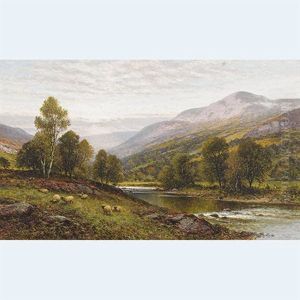 Sheep Grazing With Herders Resting On River's Edge