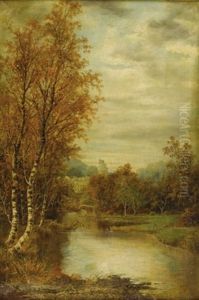 Autumn Landscape With Pond And Castle Tower by Alfred Augustus Glendening Sr.