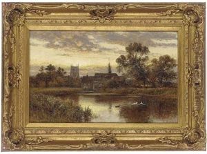 Sunset Along The River, A Village Beyond by Alfred Augustus Glendening Sr.