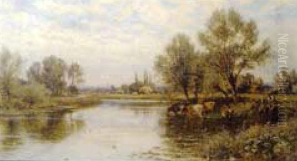 Cattle Watering With Fisherman On Bridge - view 1